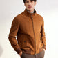 Brown vegan suede zip bomber jacket with a tartan cotton lining