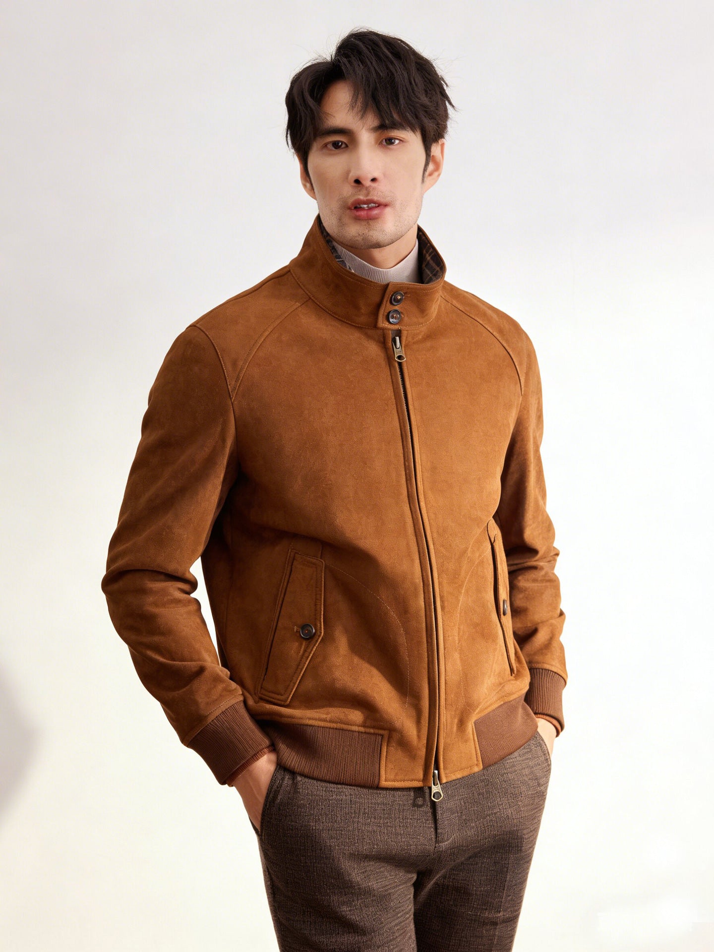 Brown vegan suede zip bomber jacket with a tartan cotton lining