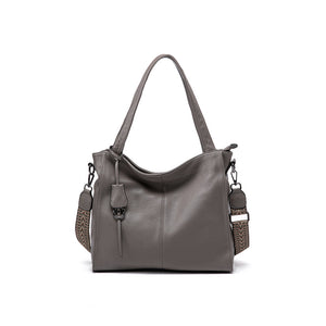 Elephant gray soft leather shoulder bag with woven chevron crossbody strap front view