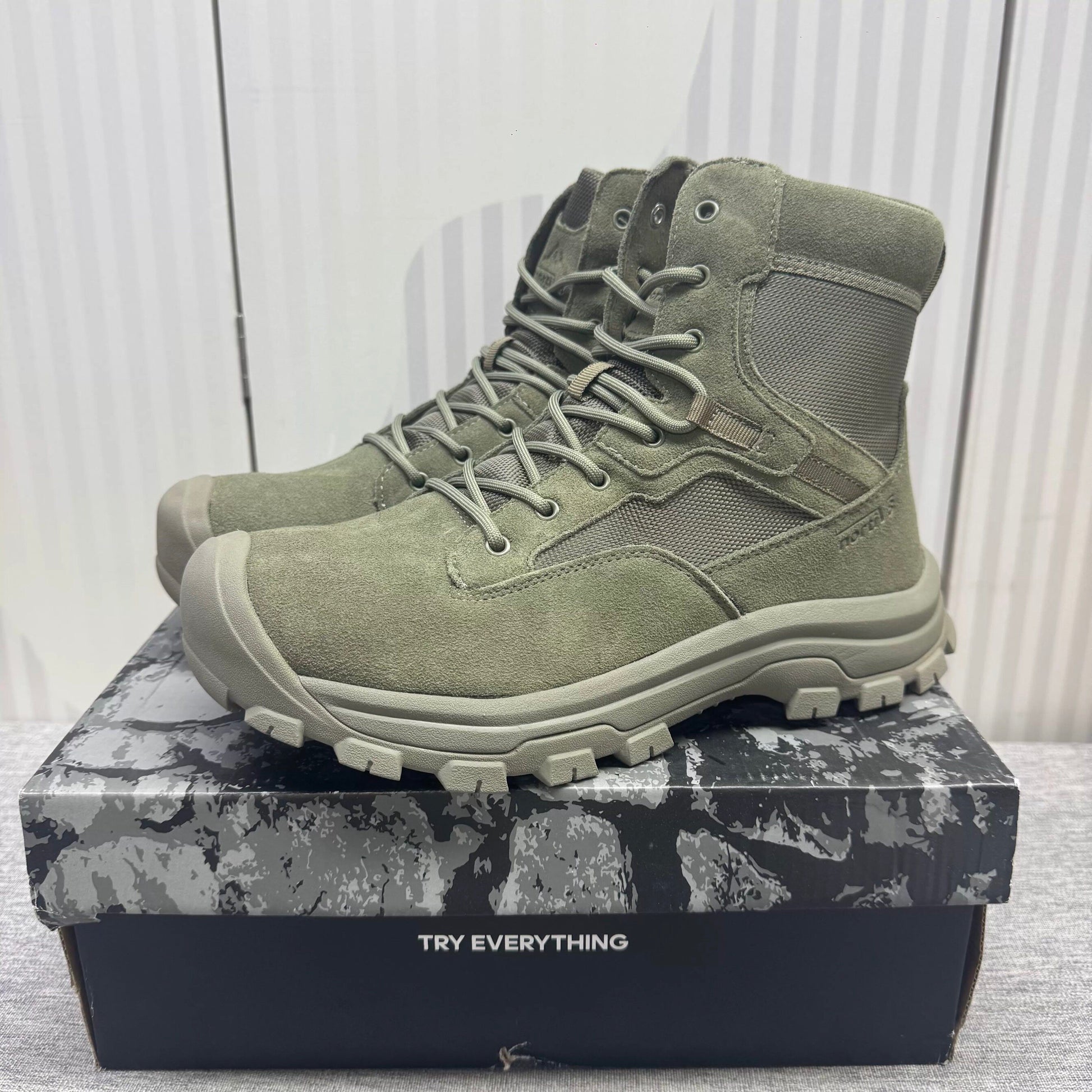 Men's hiking boots shown from above looking into the collar