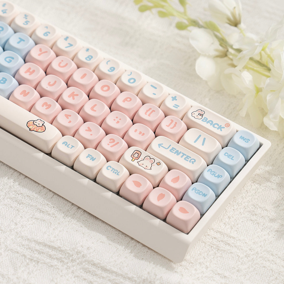 Close up of pink and blue rabbit theme M68 keyboard showing Enter and Back keys