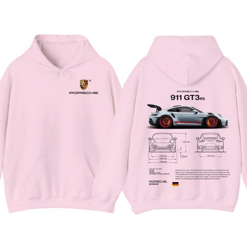 Light Pink cotton hoodie, front and back, with crest and PORSCHE wordmark on the chest and 911 GT3 RS back print