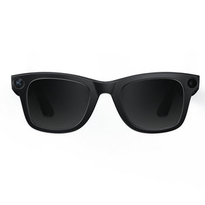 Front view of black smart glasses with a small camera lens set in the frame corner