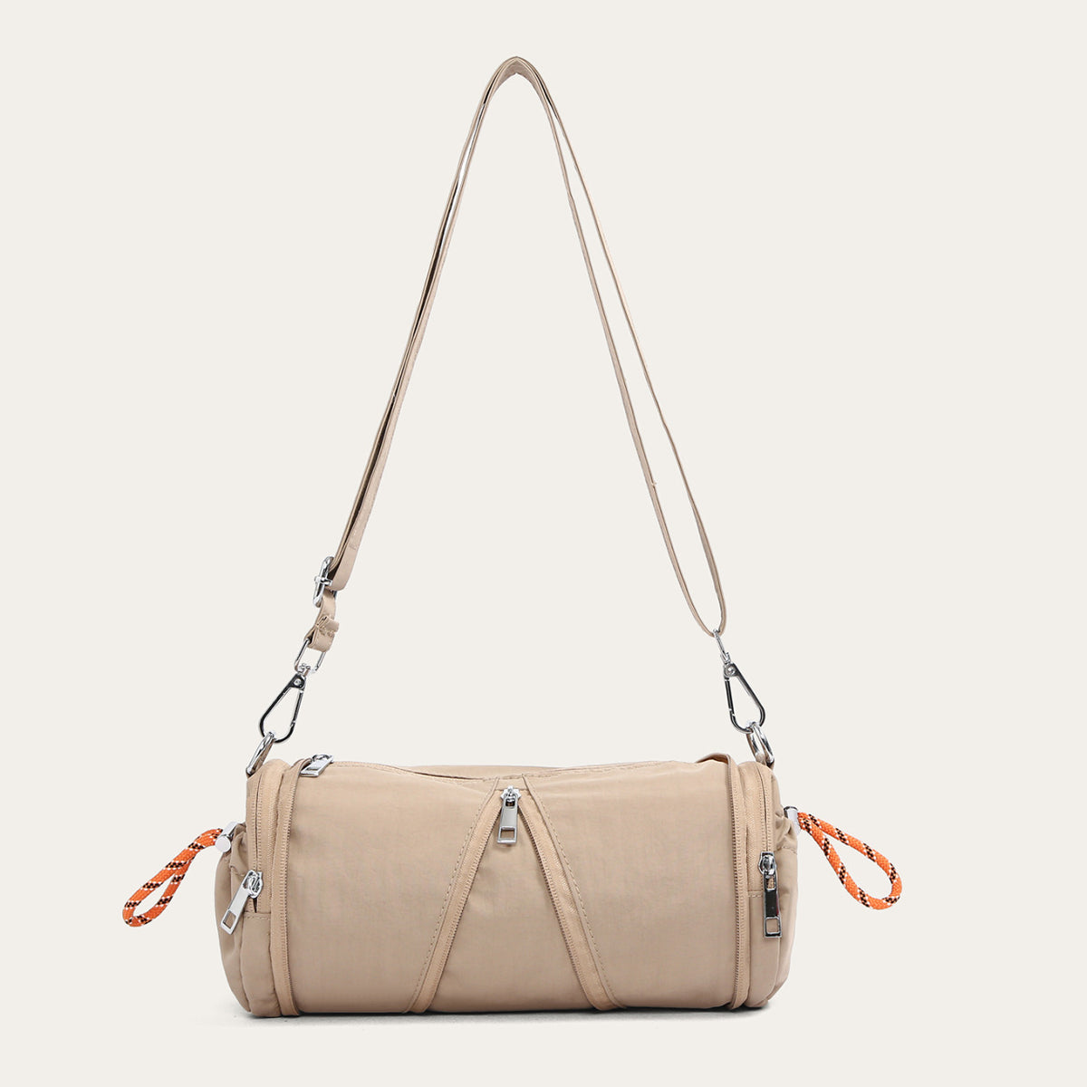 Khaki cylindrical nylon crossbody bag with stitched front lines and orange cord loops, variant image for the khaki color