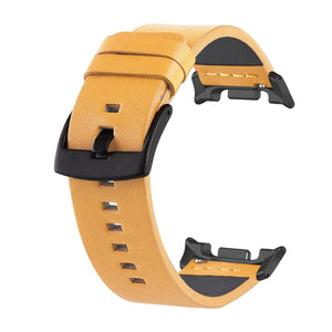 Tan genuine leather watch strap with a black metal pin buckle and connector clips