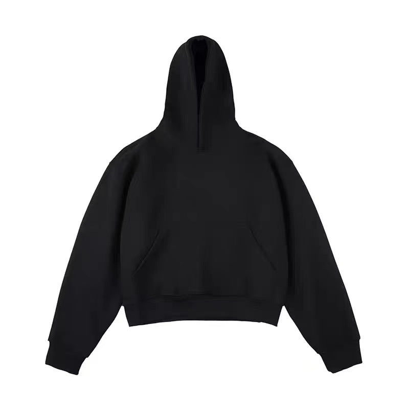 Black pullover hoodie with front pouch pocket flat on white, option Black Velvet Style, size XL