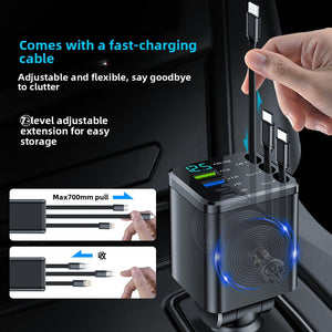 Car charger with adjustable retractable cable and cable length diagrams on a dark background