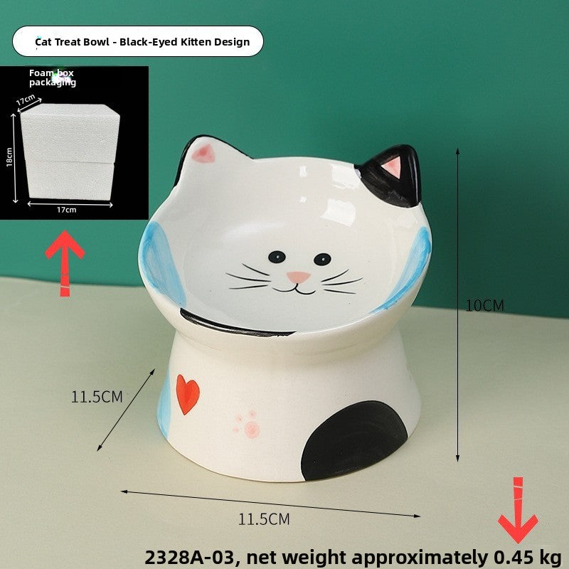 Black eared kitten ceramic raised bowl with whiskers and a red heart, 11.5 by 11.5 cm and 10 cm high