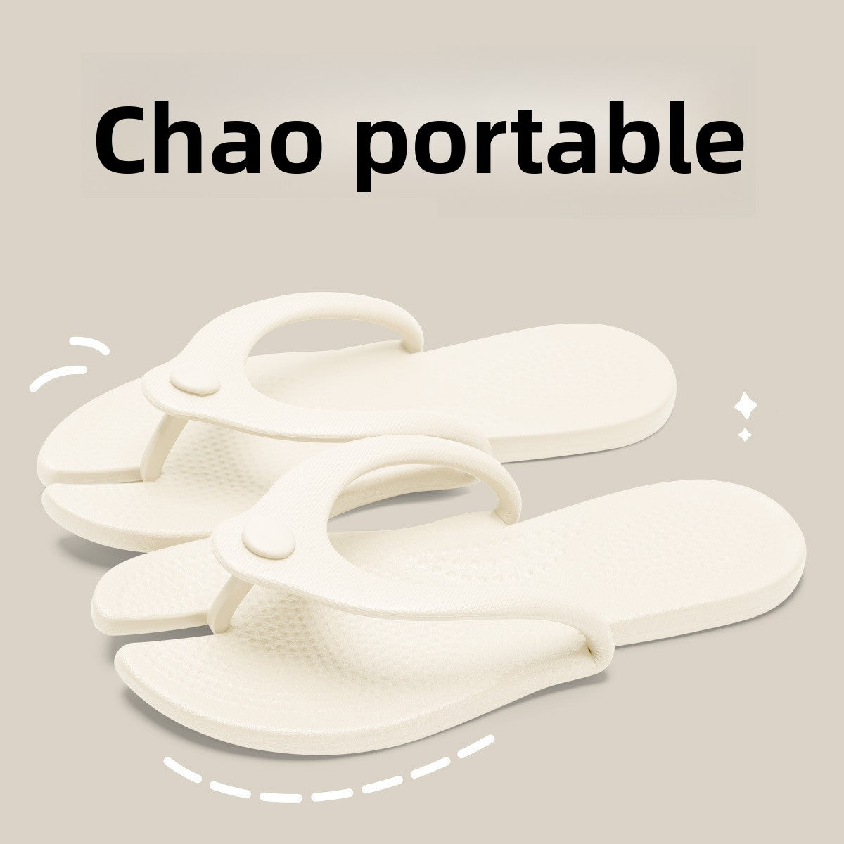 Foldable travel flip flop in moulded EVA, thong strap joined to the deck without a glued seam