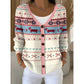 Women's V neck button front knit cardigan in the Dachshund Fair Isle print worn open over a white top