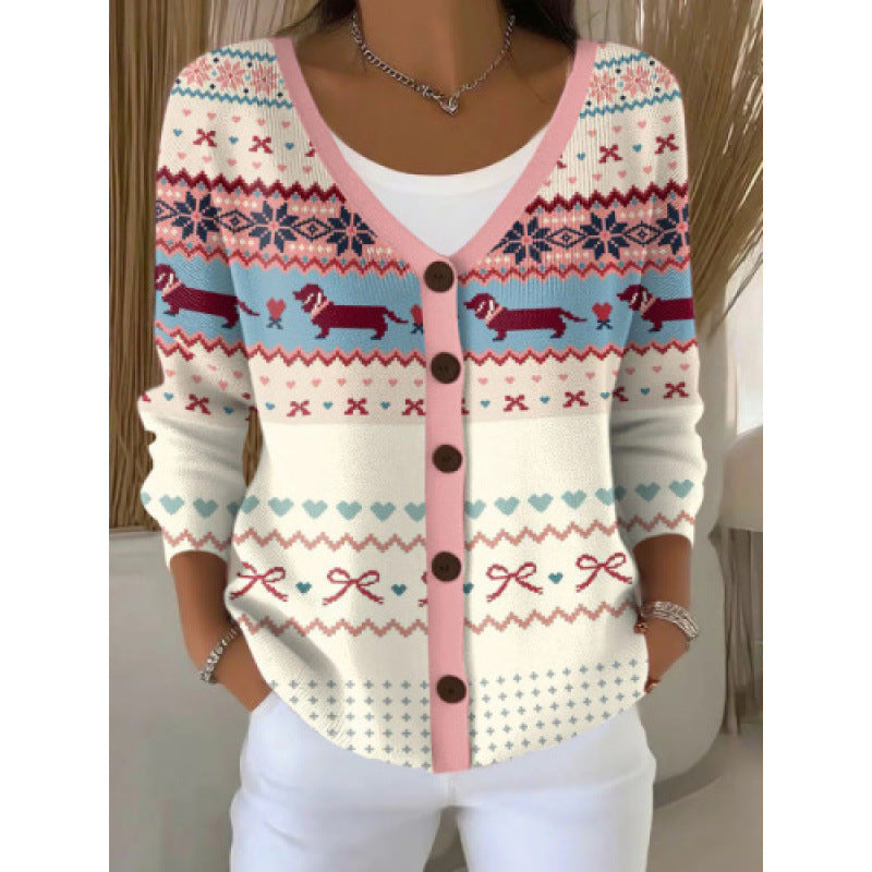 Women's V neck button front knit cardigan in the Dachshund Fair Isle print worn open over a white top