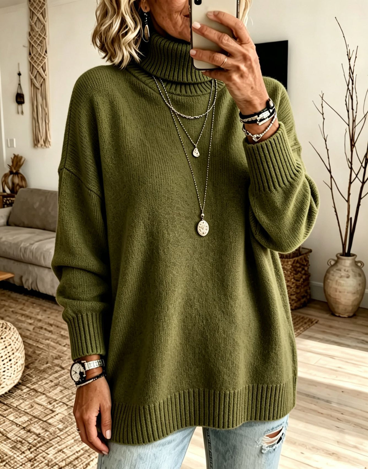 Women's olive green turtleneck knit sweater, loose fit with ribbed cuffs and hem, size L