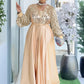 Sequin mesh bodice maxi dress with lantern sleeves and a wide satin skirt, worn view