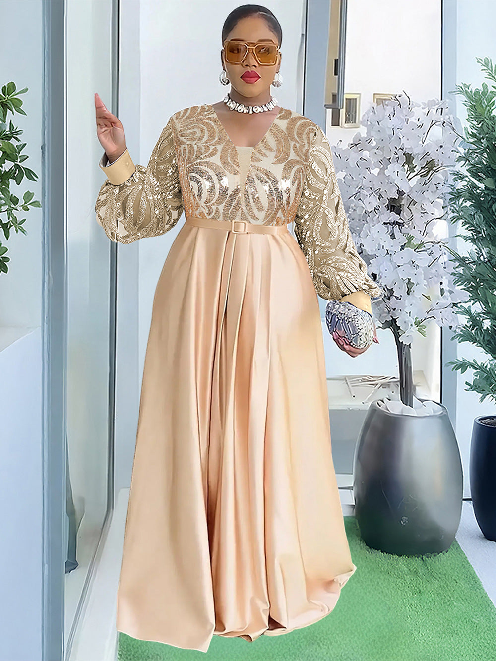 Sequin mesh bodice maxi dress with lantern sleeves and a wide satin skirt, worn view