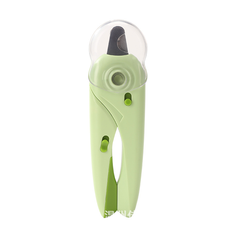 Green round head pet nail clipper with clear dome cover and grinding wheel inside