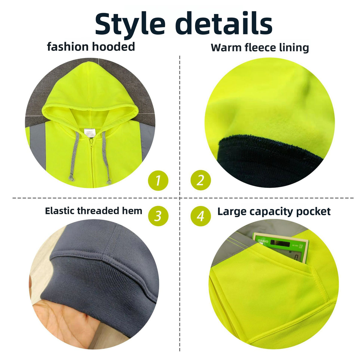 Style details of the fleece hooded sweatshirt: hood, fleece lining, ribbed hem and large front pocket