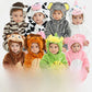 Group photo of babies in animal hooded flannel jumpsuits, shown for the Fox option, option 80cm