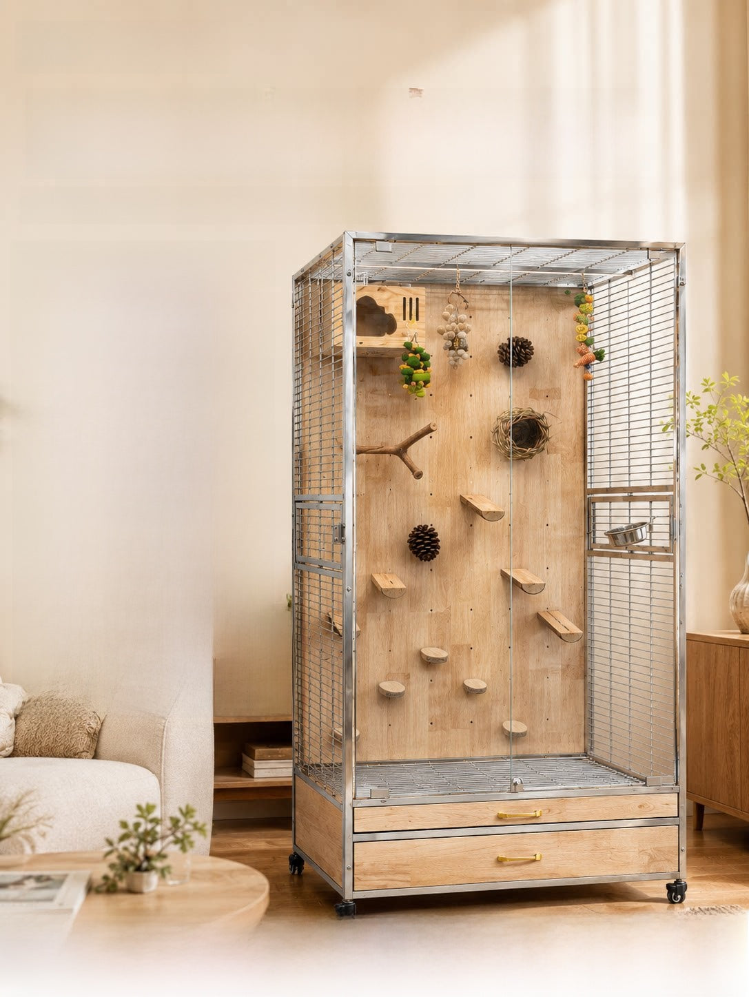 Parrot cage with a wooden back panel, clear glass front, side bowl door and two drawers, shown with perches and toys