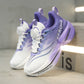 Heel view of the childrens sneaker showing the pull tab loop and cushioned two tone midsole