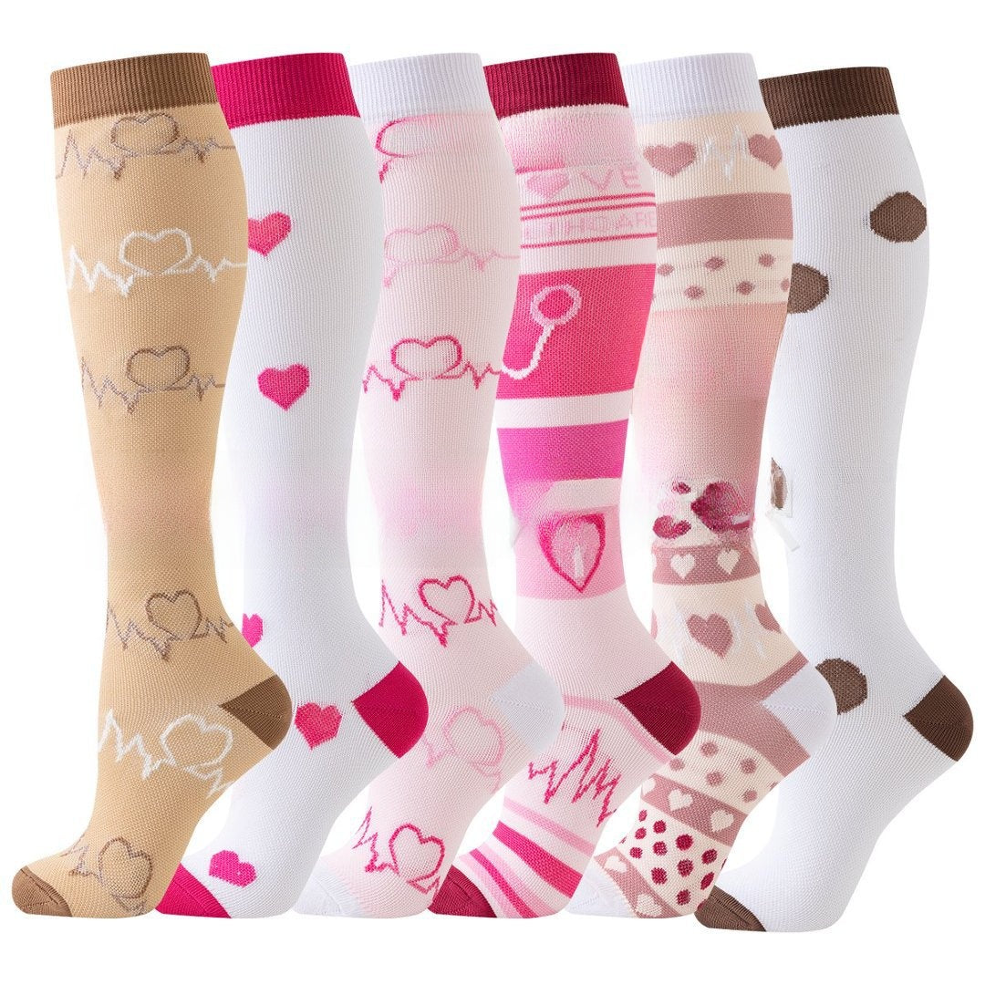 Set of knee high compression socks in botanical and animal print designs