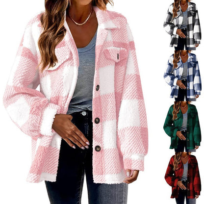 Womens plaid fleece shacket worn open over a grey tee, front view showing the button placket