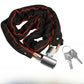 Bicycle chain lock with its barrel lock and keys shown in a presentation view