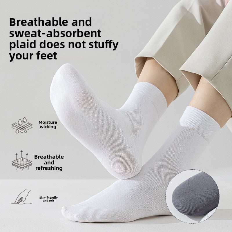 White mid calf bamboo socks worn with a breathable and sweat absorbent feature panel and comfort icons
