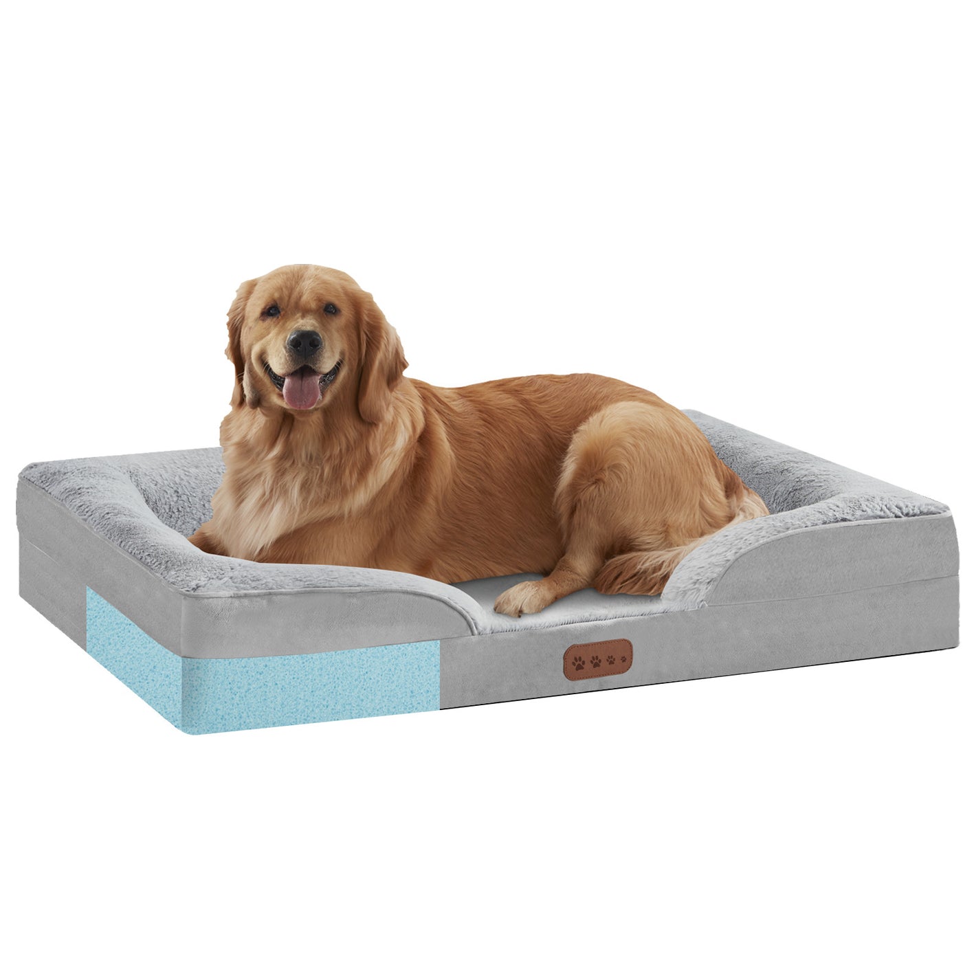 Memory foam pet bed with raised bolster edge in light gray-blue, front view
