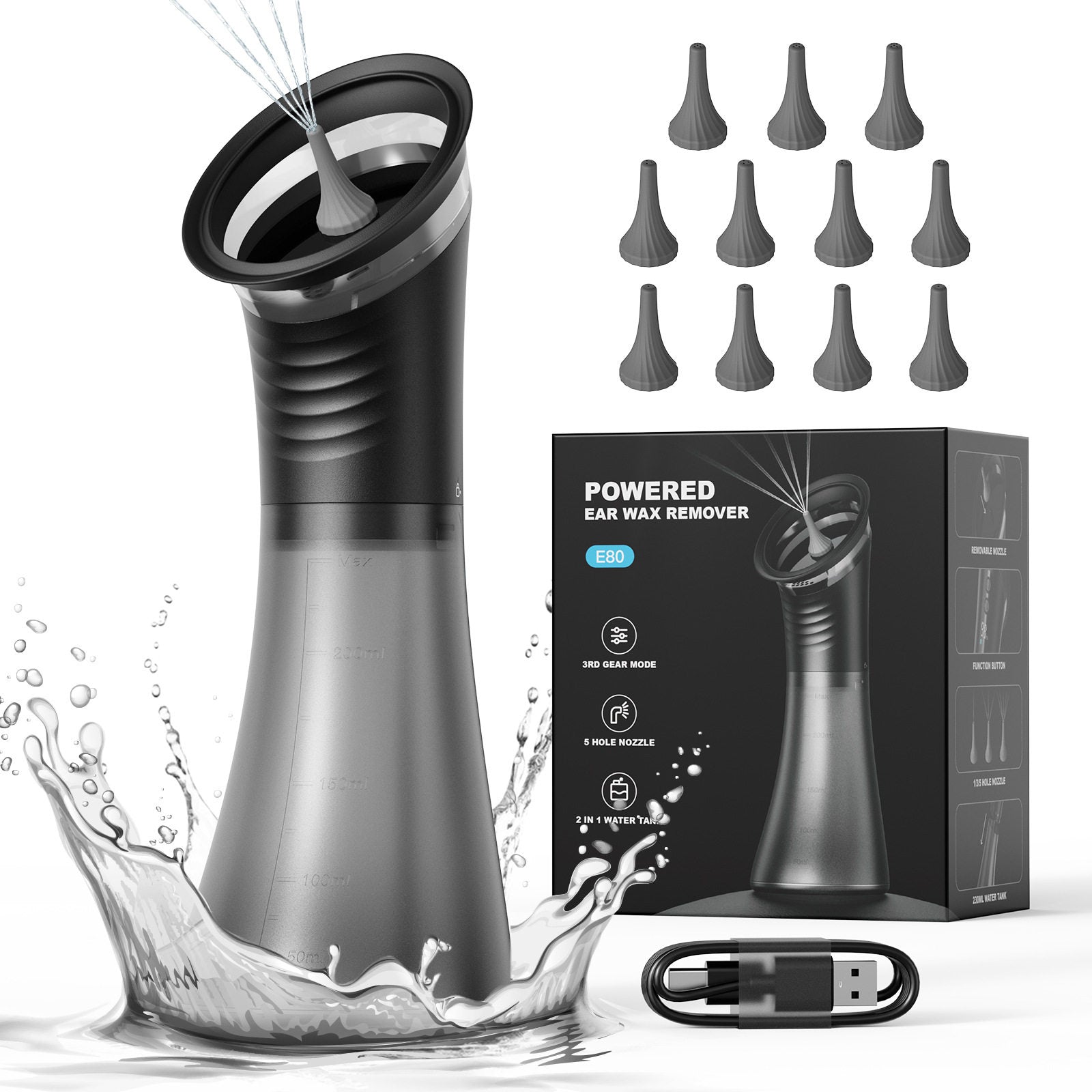 Powered ear wash cleaner with water tank splash, retail box and a full set of soft nozzle tips