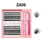 Lash cluster style ZA06 in a 10 row tray with dual-ended glue pen, tweezers and a close-up of the cluster shape
