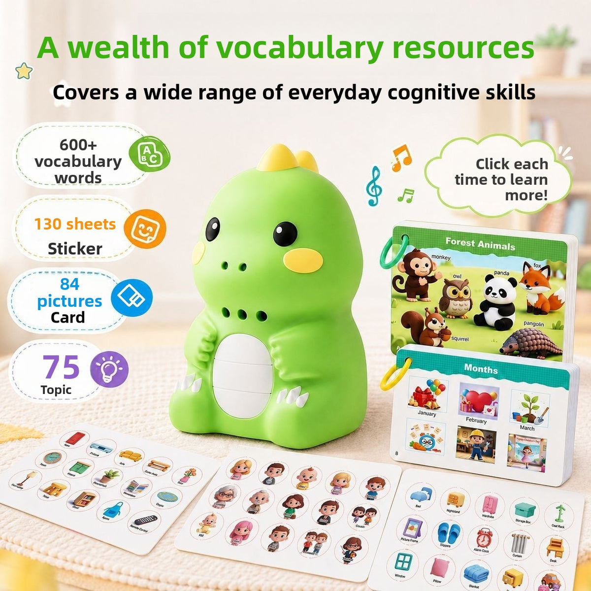 Green dinosaur talking reader with 600 vocabulary words, 130 sticker sheets and 75 topics callouts next to word cards
