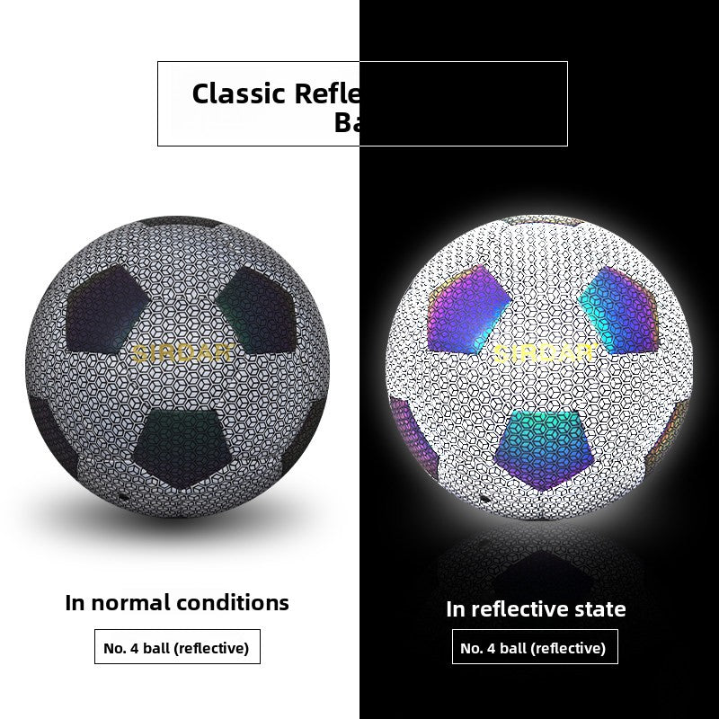 Size 4 silver grey reflective football in normal conditions and in the reflective state under light