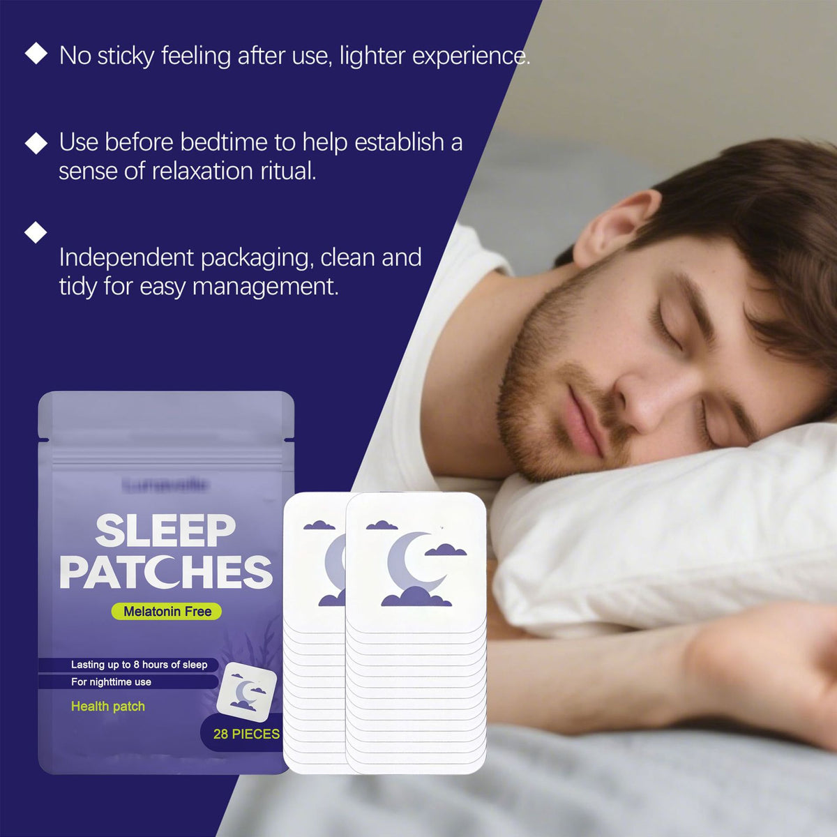 Sleep patches features shown beside a sleeping person with individually wrapped patches