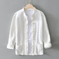 White frog closure shirt jacket with stand collar on a hanger over a white tee, image of the size 5XL option