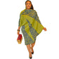 Blue leopard print midi dress crossed by a bold band of solid colour