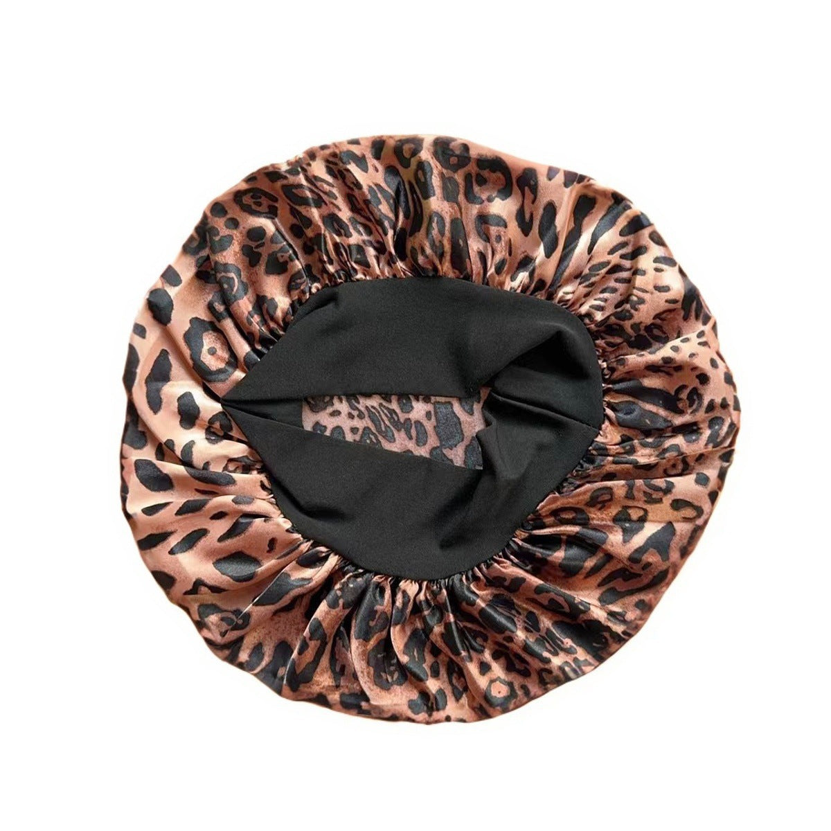 Copper Leopard Print satin sleep bonnet with ruffled crown and wide elastic band, 30 cm diameter