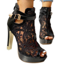 Womens Lace Peep Toe Platform Sandals with Block Heel and Ankle Buckle Strap