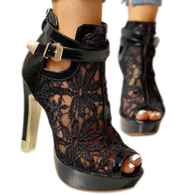 Womens Lace Peep Toe Platform Sandals with Block Heel and Ankle Buckle Strap