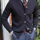 White ribbed knit V-neck button cardigan front, five button placket in studio light