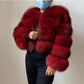 Crimson Red cropped banded fur coat, 4-Sleeve 5-Section layout, size XL