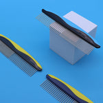 Three stainless steel pet grooming combs with two tone soft grip handles on a blue background