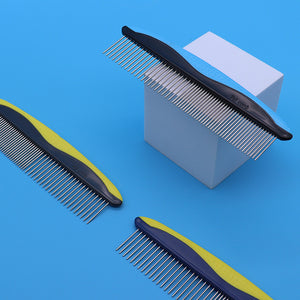 Three stainless steel pet grooming combs with two tone soft grip handles on a blue background