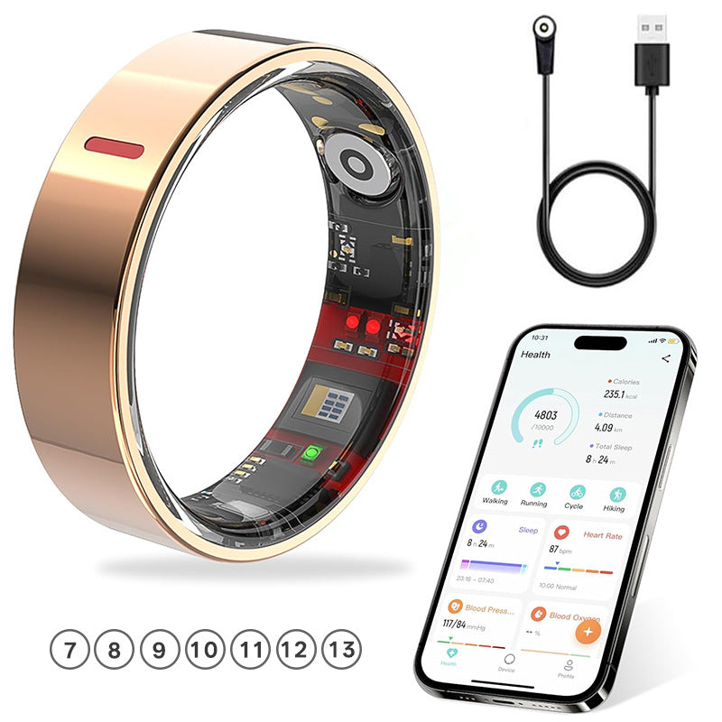 Screen free smart ring for step, sleep and heart rate tracking through a phone app