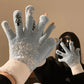 Blue fuzzy knit fleece lined gloves with snowflake pattern for women