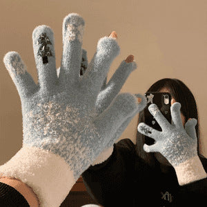 Blue fuzzy knit fleece lined gloves with snowflake pattern for women