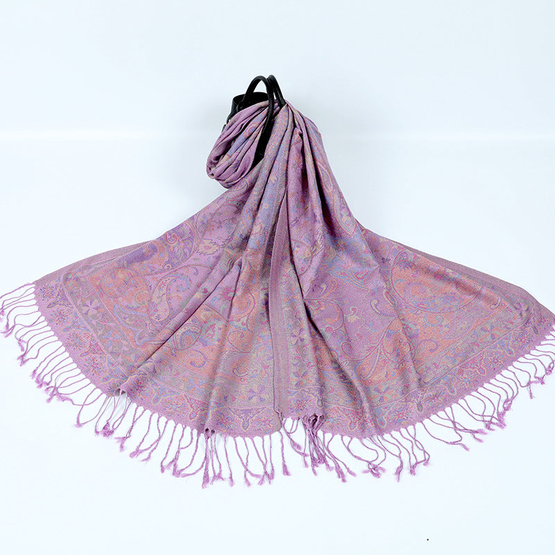 Lavender paisley jacquard scarf spread open on a white background with twisted tassel fringe