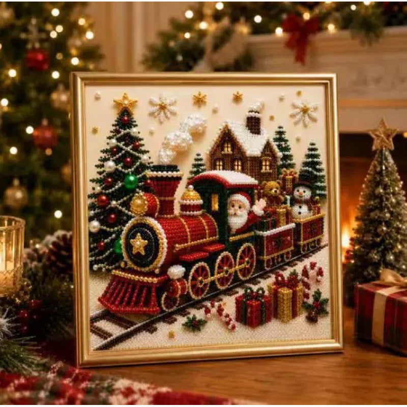 Christmas train scene diamond painting with a snowy house and tree in a gold frame, option Z06