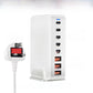 Multi port GaN charger charging a laptop, a phone and a tablet from one desktop tower