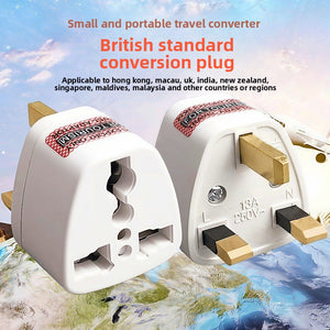 Off white British standard travel plug adapter with universal input socket on plain background