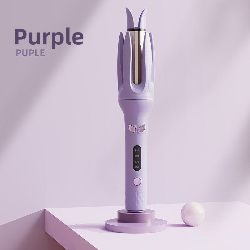 Purple automatic hair curler with open chamber, heat screen from 150 to 210 and power key below